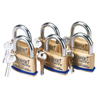 Draper Solid Brass Padlocks with Hardened Steel Shackle, (Pack of 6) 40-60mm