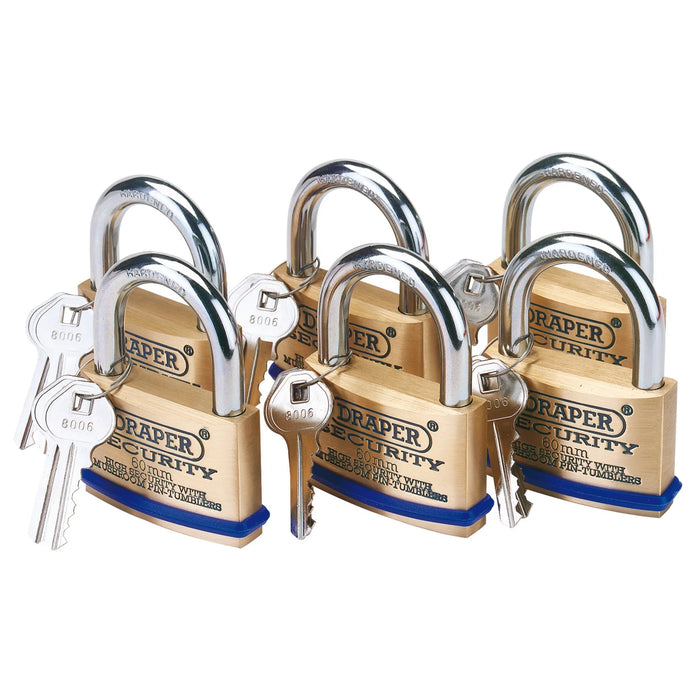 Draper Solid Brass Padlocks with Hardened Steel Shackle, (Pack of 6) 40-60mm