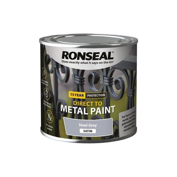 Ronseal Direct to Metal Paint Steel Grey Satin 250ml Ronseal - Town Tools