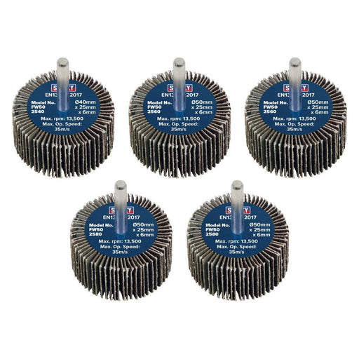 Sealey 50 x 25mm Abrasive Flap Wheel on 6mm Shaft Assorted Grit - Pack of 5 Sealey - Town Tools 