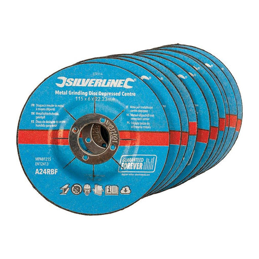 Silverline Metal Grinding Discs Depressed Centre 10pk 115 x 6 x 22.23mm Silverline - Town Tools 