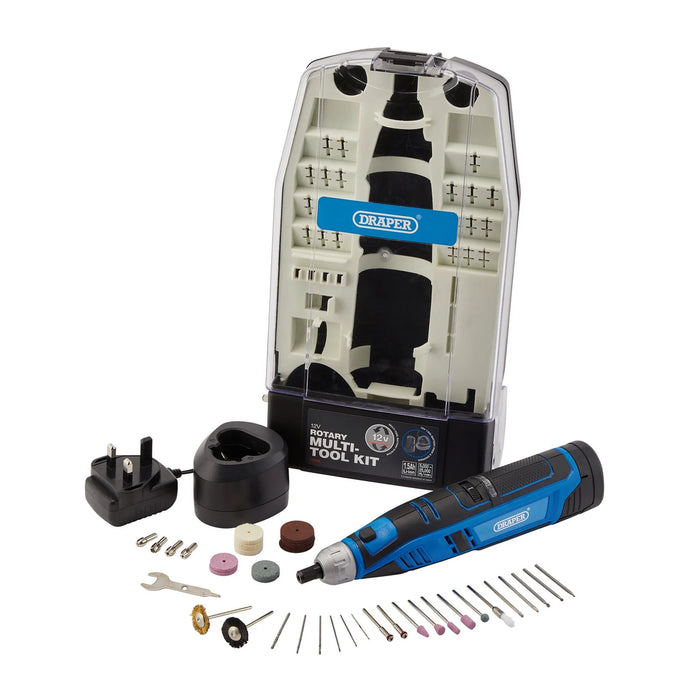 Draper 12V Rotary Multi-Tool Kit, 1 x 1.5Ah Battery, 1 x Fast Charger (50 Piece)