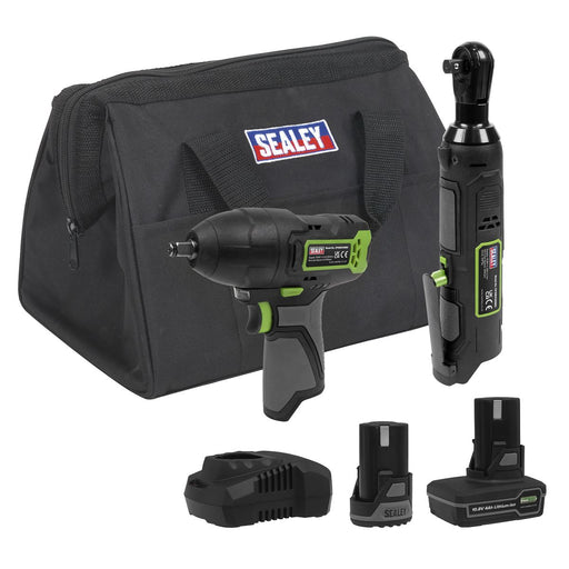 2 x SV10.8 Series Cordless Impact Wrench & Ratchet Wrench Kit 10.8V 2 Batteries Sealey - Town Tools 