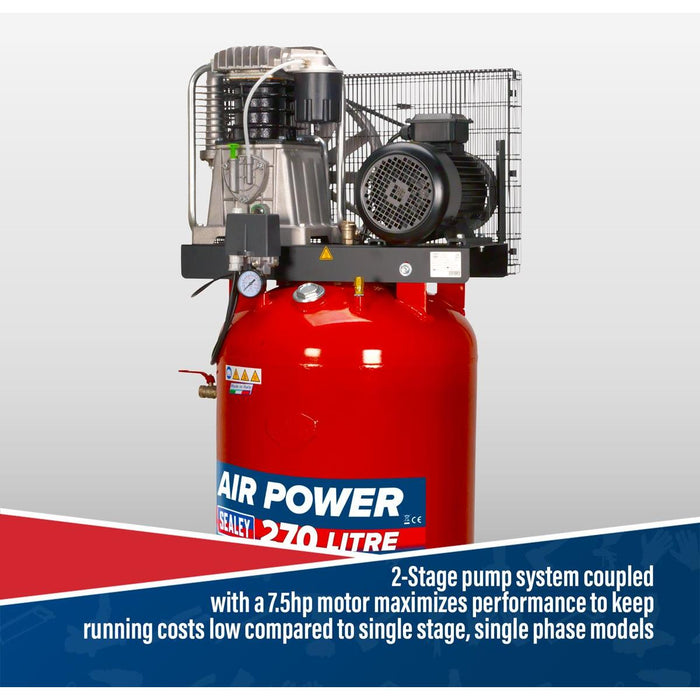 270L Vertical Belt Drive Air Compressor with Cast Cylinders 7.5hp 3ph 2-Stage Sealey - Town Tools 