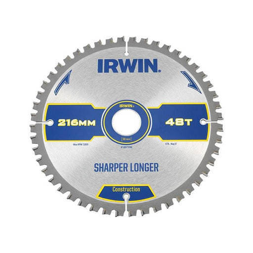 Irwin® Construction Mitre Circular Saw Blade 216 x 30mm x 48T ATB/Neg IRWIN® - Town Tools