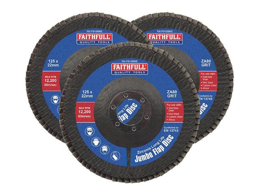 Faithfull Zirconia Abrasive Jumbo Flap Disc 125 x 22mm 80 Grit (3 Pack) Faithfull - Town Tools