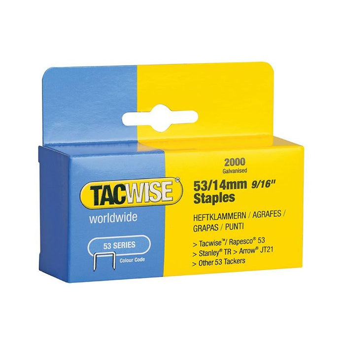 Tacwise 53 Light-Duty Staples 14mm (Type JT21 A) (Pack 2000) Tacwise - Town Tools