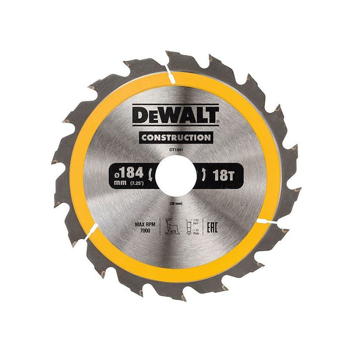 Dewalt Power Tools Portable Construction Circular Saw Blade 184 x 30mm x 18T DeWALT Power Tools - Town Tools