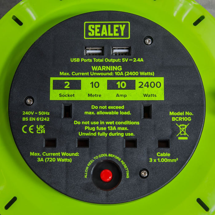 10m Cassette Type Cable Reel with Thermal Trip 2 x 230V & 2 x USB - Hi-Vis Green Sealey - Town Tools 