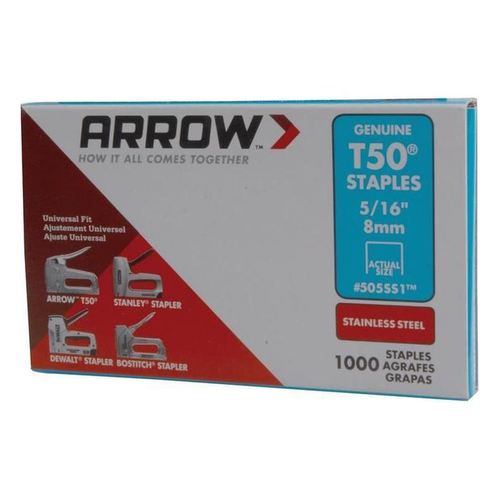 Arrow T50 Staples Stainless Steel 505SS 8mm (5/16in) (Box 1000) Arrow - Town Tools