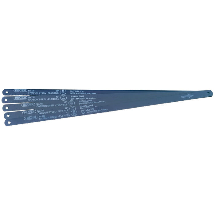 Draper Assorted Flexible Carbon Steel Hacksaw Blades, 300mm (Pack of 5) - 735