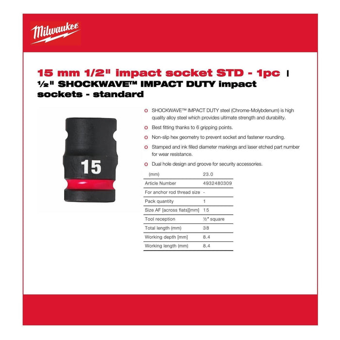 Milwaukee Hex Socket Shw 1/2 Std 15Mm-1Pc 4932480309 Milwaukee - Town Tools