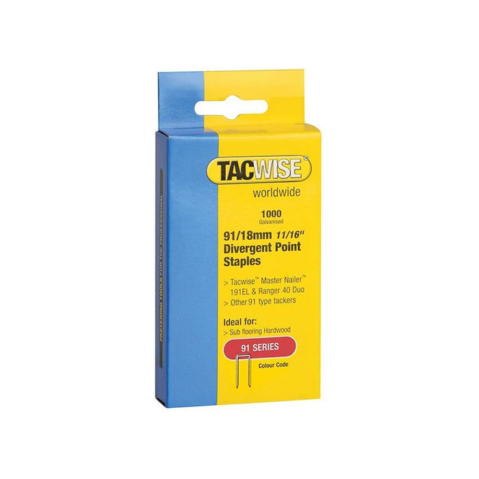 Tacwise 91 Narrow Crown Divergent Point Staples 18mm - Electric Tackers (Pack 1000) Tacwise - Town Tools