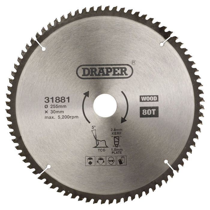 Draper TCT Triple Chip Grind Circular Saw Blade, 255 x 30mm, 80T 31881 Draper - Town Tools 