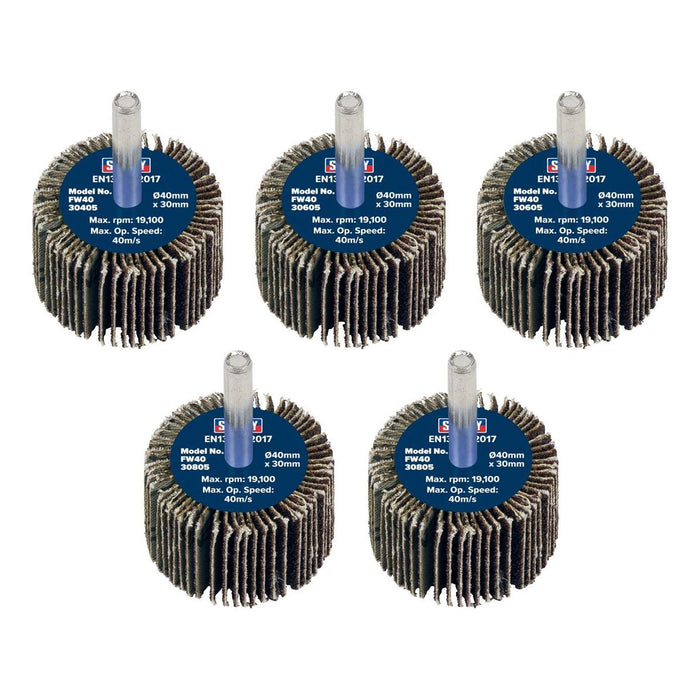 Sealey 40 x 30mm Abrasive Flap Wheel on 6mm Shaft Assorted Grit - Pack of 5 Sealey - Town Tools 