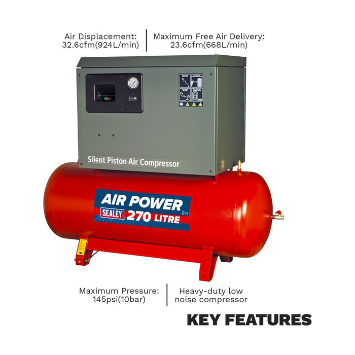 270L Low Noise Belt Drive Air Compressor with Cast Cylinders 7.5hp 3ph 2-Stage Sealey - Town Tools 