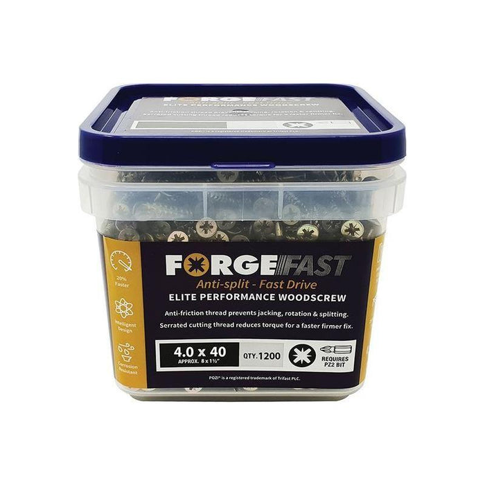 Forgefix ForgeFast Pozi Compatible Elite Performance Wood Screw ZY 4.0 x 40mm Tub 1200 ForgeFix - Town Tools