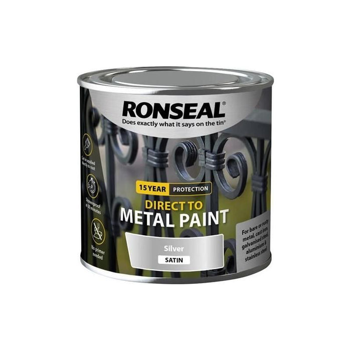 Ronseal Direct to Metal Paint Silver Satin 250ml Ronseal - Town Tools