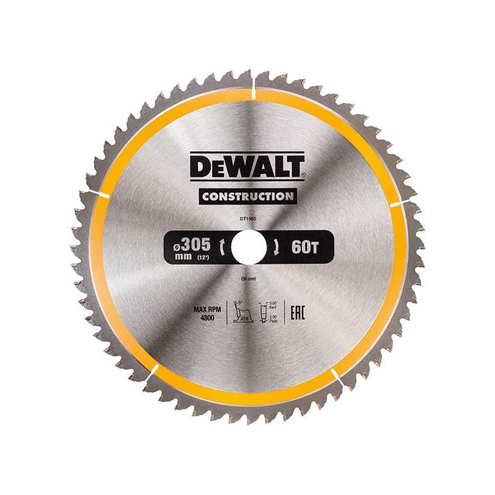 Dewalt Power Tools Stationary Construction Circular Saw Blade 305 x 30mm x 60T ATB/Neg DeWALT Power Tools - Town Tools