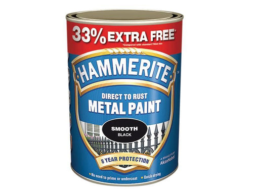 Hammerite Direct to Rust Smooth Finish Metal Paint Black 750ml + 33% Hammerite - Town Tools