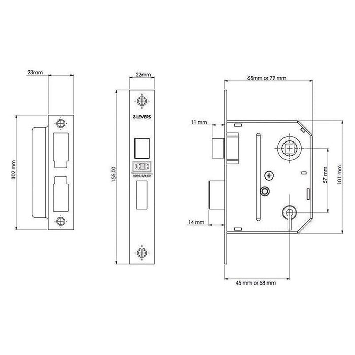 Union ES-SL Essentials 3 Lever Mortice Sashlock Chrome 65mm 2.5in Visi UNION - Town Tools