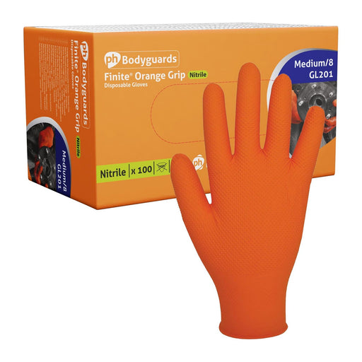 Bodyguard Finite Orange Grip Textured Grip Pattern Nitrile Gloves Large Box 90 Bodyguard - Town Tools 