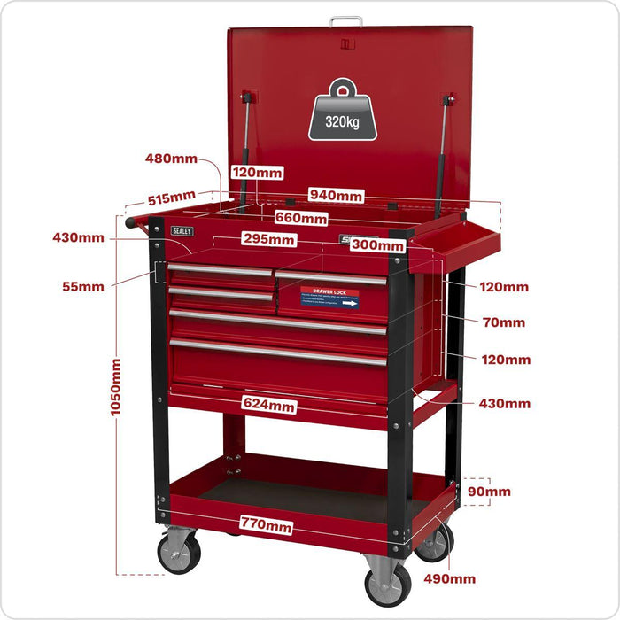Superline PRO Heavy-Duty Mobile Tool & Parts Trolley 5 Drawers & Lockable Top Superline Pro - Town Tools 