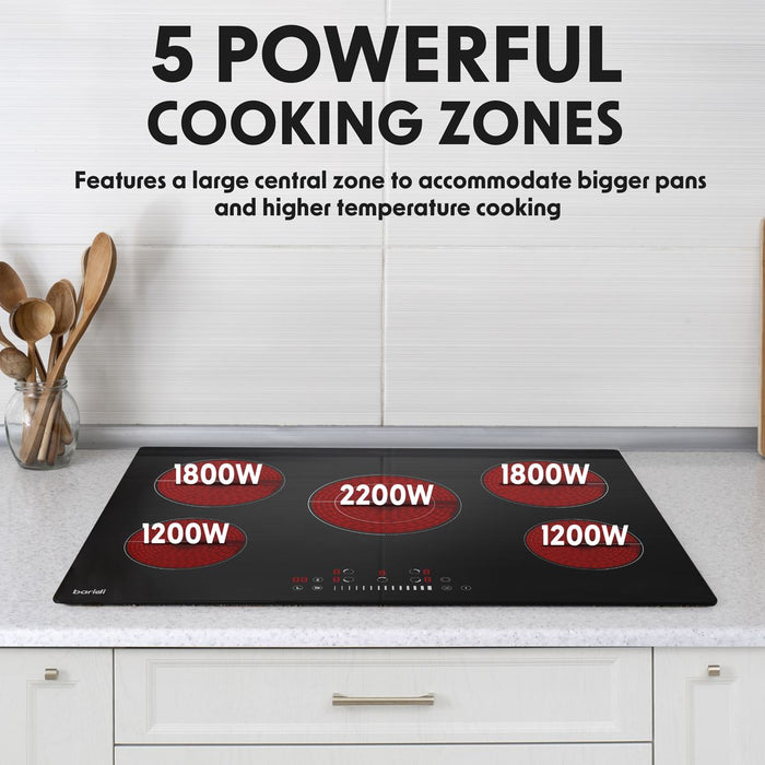 Baridi Integrated Ceramic Hob with 5 Cooking Zones 77cm - Black Glass