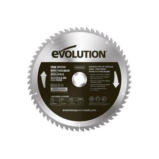 Evolution Fine Wood Mitre/Table Saw Blade 255 x 25.4mm x 60T Evolution - Town Tools