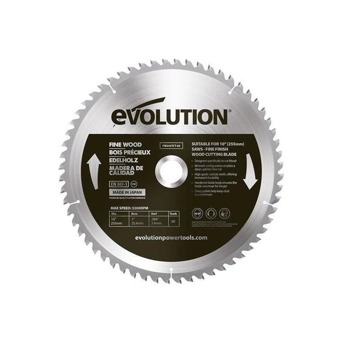 Evolution Fine Wood Mitre/Table Saw Blade 255 x 25.4mm x 60T Evolution - Town Tools
