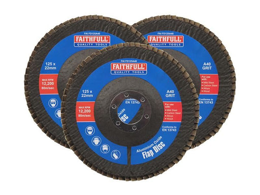 Faithfull Aluminium Oxide Flap Disc 125 x 22mm 40 Grit (3 Pack) Faithfull - Town Tools