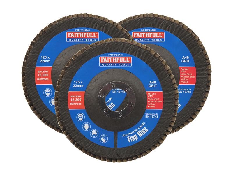 Faithfull Aluminium Oxide Flap Disc 125 x 22mm 40 Grit (3 Pack) Faithfull - Town Tools