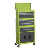 Sealey Topchest Mid-Box & Rollcab 9 Drawer Stack Hi-Vis Green AP2200BBHVSTACK