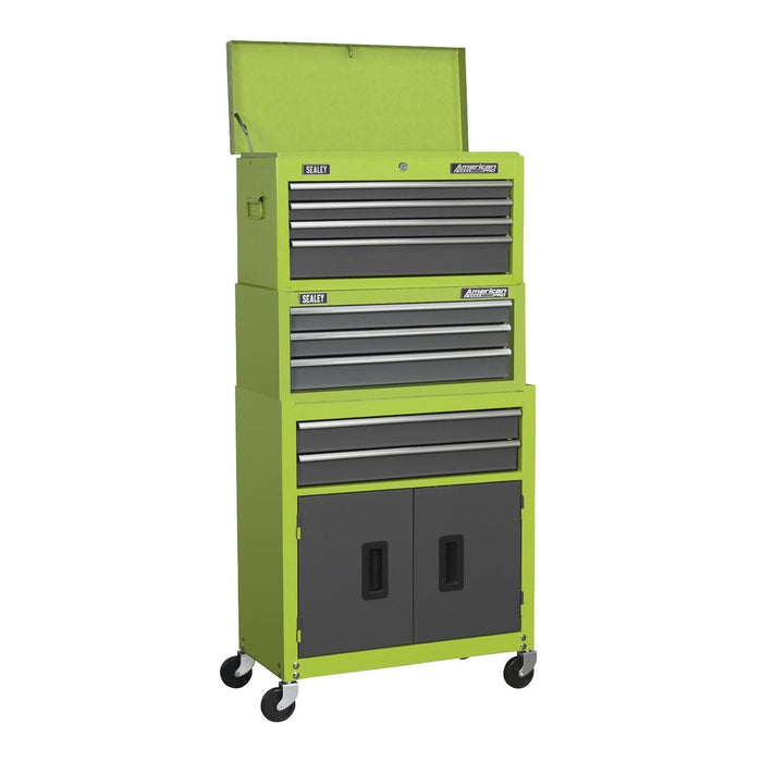 Sealey Topchest Mid-Box & Rollcab 9 Drawer Stack Hi-Vis Green AP2200BBHVSTACK Sealey - Town Tools 