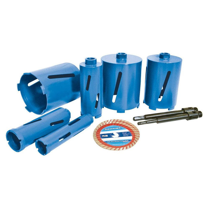 Silverline Diamond Core Drill Kit 6-Core 12pce 38, 52, 65, 107, 117 & 127mm Dia Silverline - Town Tools 