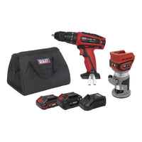 Sealey 2 x SV20 Series Cordless Router & Combi Drill Kit 20V - 2 Batteries