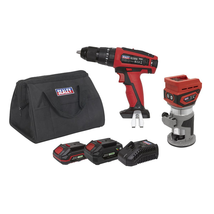 Sealey 2 x SV20 Series Cordless Router & Combi Drill Kit 20V - 2 Batteries Sealey - Town Tools 