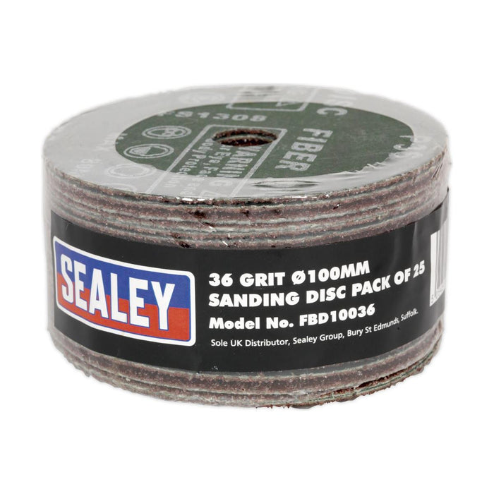 Sealey Sanding Disc Fibre Backed100mm 36Grit Pack of 25 FBD10036 Sealey - Town Tools 