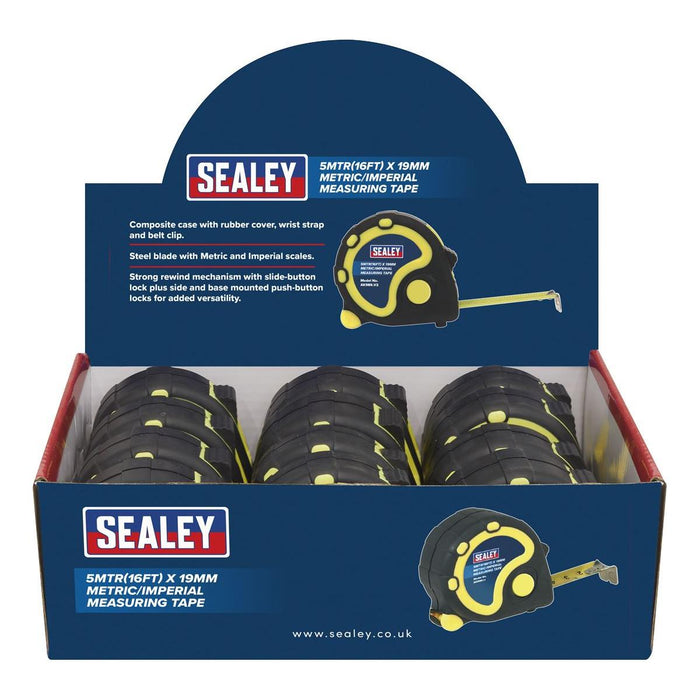 Sealey Rubber Tape Measure 5m(16ft) x 19mm Metric/Imperial Display Box of 12 Sealey - Town Tools 