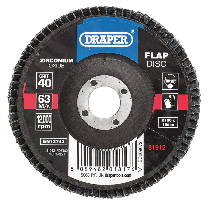 Draper Zirconium Oxide Flap Disc, 100 x 16mm, 40 Grit - FDZ100