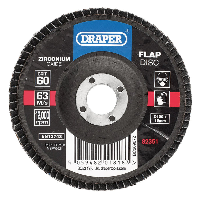 Draper Zirconium Oxide Flap Disc, 100 x 16mm, 60 Grit - FDZ100