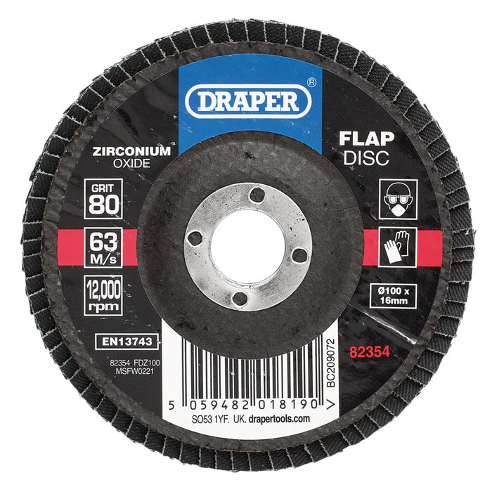 Draper Zirconium Oxide Flap Disc, 100 x 16mm, 80 Grit - FDZ100