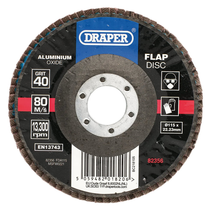 Draper Aluminium Oxide Flap Disc, 115 x 22.23mm, 40 Grit - FDA115