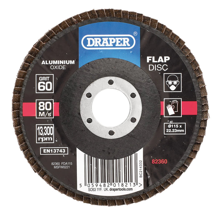 Draper Aluminium Oxide Flap Disc, 115 x 22.23mm, 60 Grit - FDA115
