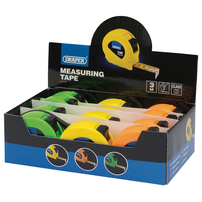 Draper Measuring Tapes, 3m/10ft x 16mm, 3 Colours (Dispenser of 12)