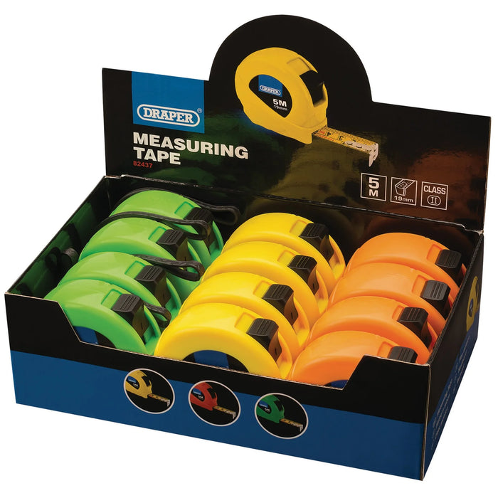 Draper Measuring Tapes, 5m/16ft x 19mm, 3 Colours (Dispenser of 12)