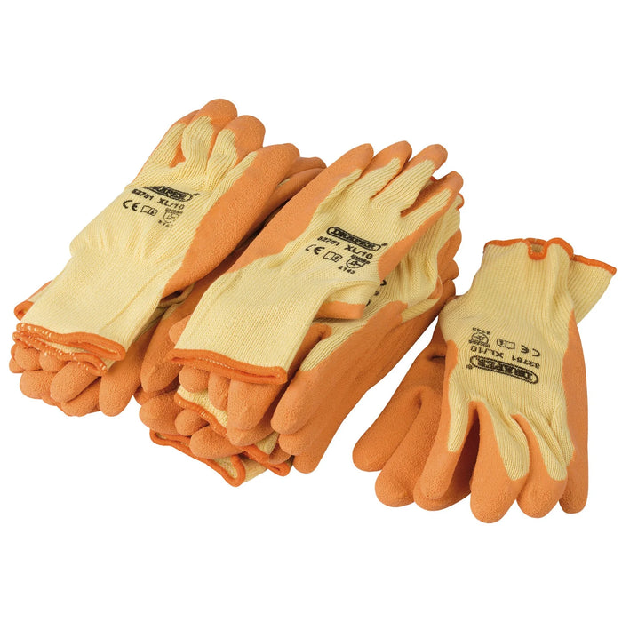 Draper Heavy Duty Latex Coated Work Gloves, Extra Large, Orange (Pack of 10)