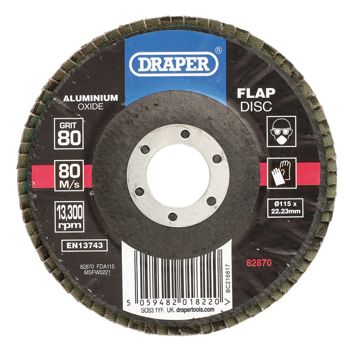 Draper Aluminium Oxide Flap Disc, 115 x 22.23mm, 80 Grit - FDA115