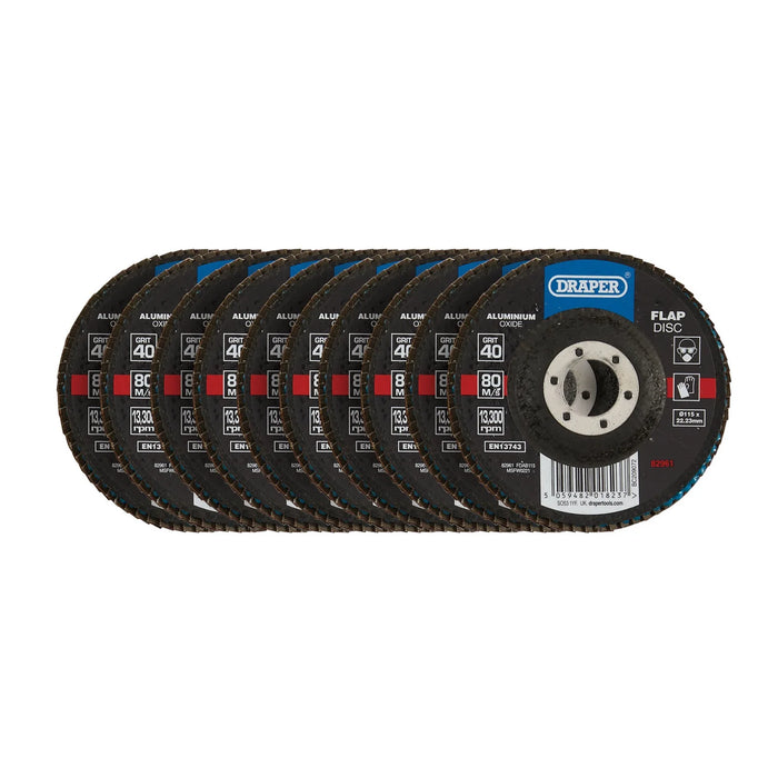 Draper Aluminium Oxide Flap Discs, 115 x 22.23mm, 40 Grit (Pack of 10) - FDAB115