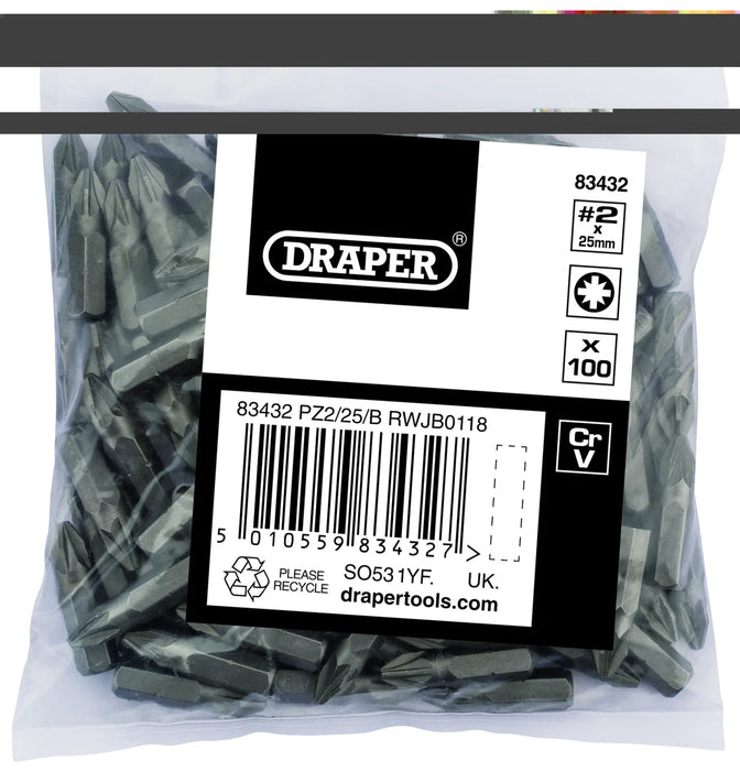 Draper PZ TYPE Insert Bits, 1/4", No.2 (Bag of 100) - PZ2/25/B